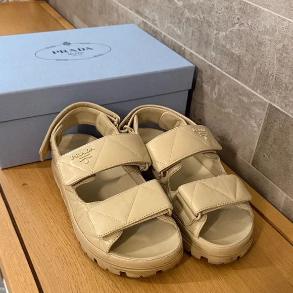 Prada PADDED LEATHER SANDALS / Nappa Double Strap Tan Sandals / IT 38 Camel - Picture 2 of 16
